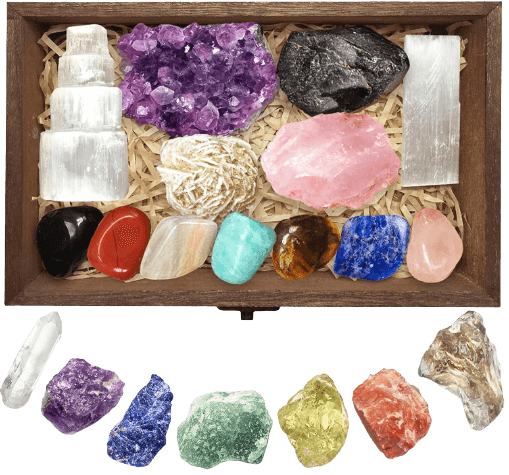 set de piedras de distintos colores dentro de una caja de madera